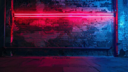 An artistic photo showcasing red and blue neon lights reflecting off a rough brick wall in an urban alleyway