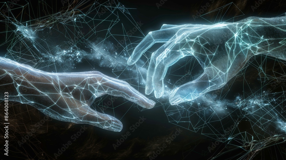 Poster an enthralling digital image of two hands merging in a virtual space, forming a unified network of g