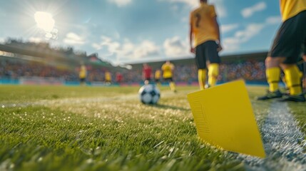 During a game, the soccer referee will show a player a yellow card.