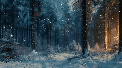 A low-angle shot of a snowy forest illuminated by a starry night sky, capturing the ethereal beauty of a winter wonderland