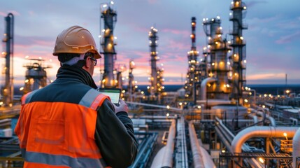 An isolated image of a refinery worker inspecting equipment at an oil refinery, with space around for highlighting safety protocols or industrial processes 