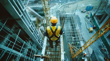 A construction engineer wearing a yellow hard hat and safety harness overlooks a team of workers on a high steel platform at a modern building site