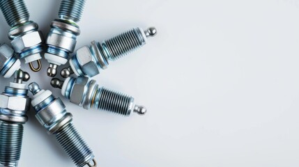 A top-down view of a set of spark plugs and ignition coils isolated on a white background, with space for highlighting compatibility information or promotional text