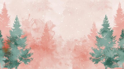 Watercolor forest landscape with green pine trees and pink mist. Serene nature background illustration in pastel colors.