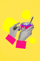 Sketch image composite trend artwork 3D photo collage of hands hold cup mug drink hot beverage coffee cacao teaspoon tea time relax rest