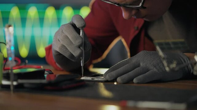 Equipment. A repairman uses skills and experience to apply a screwdriver in an electronic workshop. Experienced worker disassembles electronic equipment applies equipment for diagnostics, innovation