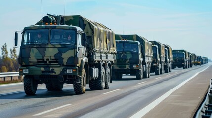 Side view of a military convoy, transporting heavy equipment on a highway, clear day with vehicles in perfect formation