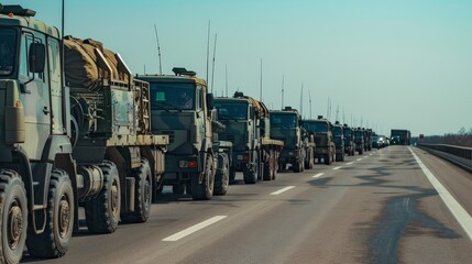 Obraz premium Side view of a military convoy, transporting heavy equipment on a highway, clear day with vehicles in perfect formation