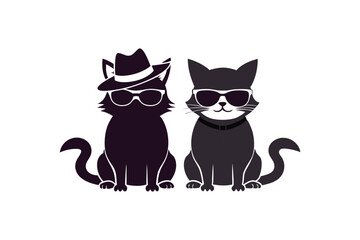 Two cats are sitting in sunglasses and wearing hats silhouette vector style illustration. 