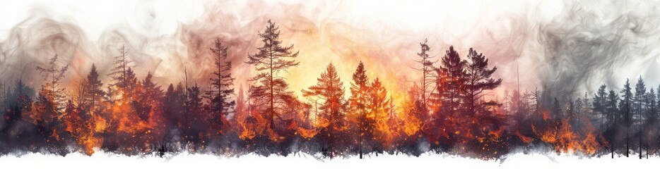 A color painting depicting a wildfire along a firebreak, with smoke and flames rising from trees, grass, and forest. The image is a horizontal, wide banner.