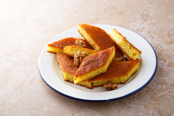 Traditional semolina cake with walnut