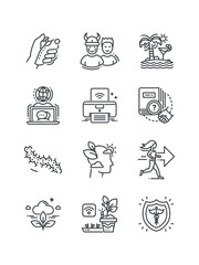 Caterpillar, Chat, Computer, Fans, Gamepad, Global technology, set of icons, vector illustration