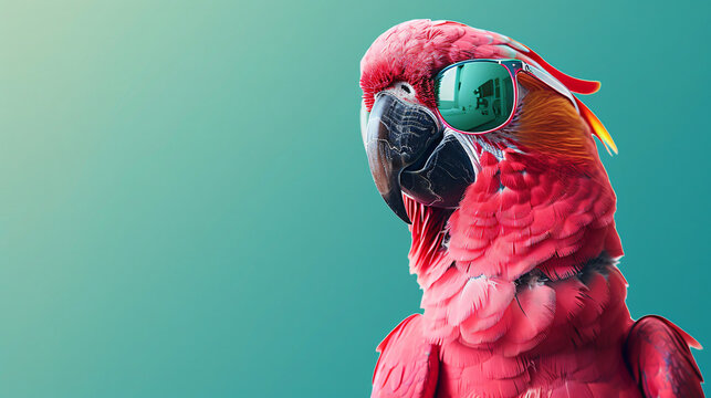 Portrait photo of funny  pink parrot  wearing neon sunglasses , studio shooting high quality photo pet   background, wallpaper, wall art