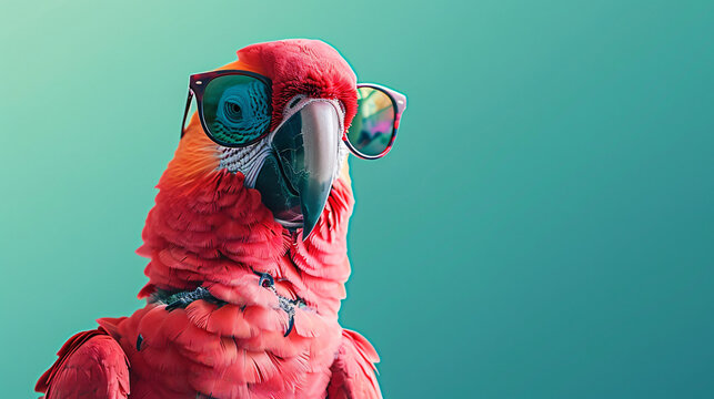 Portrait photo of funny  pink parrot  wearing neon sunglasses , studio shooting high quality photo pet   background, wallpaper, wall art