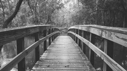 Obraz premium Wooden bridge in a black and white photo, crossing a tranquil stream with dense, shadowy trees surrounding it