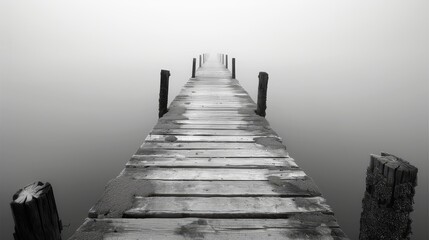 Obraz premium Tranquil black and white photograph of an ancient pier, highlighting the peaceful ambiance and the rustic textures of the scene