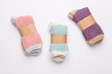 New socks with wrapped tags on white background