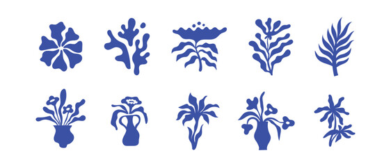 Vector set of illustrations in simple naive hand drawn and linocut style - natural prints, posters or logo design templates - flower prints, banners,  cover designg, summer and travel theme.