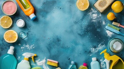 A top-down view of various cleaning products neatly arranged on a table, with space around for text or graphics promoting spring cleaning services or products