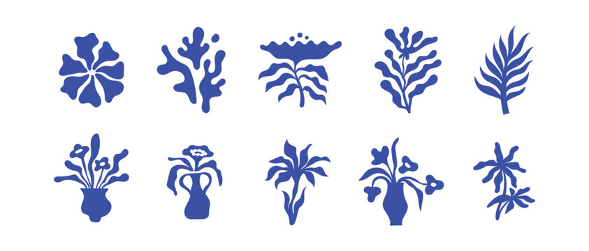 Vector set of illustrations in simple naive hand drawn and linocut style - natural prints, posters or logo design templates - flower prints, banners,  cover designg, summer and travel theme.