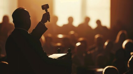 An auctioneer calling bids with a gavel in hand, while bidders participate in a house auction, against a plain backdrop suitable for adding custom text