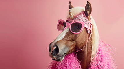 Portrait photo of funny horse  wearing pink sunglasses , studio shooting high quality photo pet   background, wallpaper, wall art