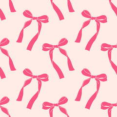 Seamless pattern with ribbon bows. Ballet, coquette core print. Hand drawn pink girly background for fabric, wrapping paper, textile