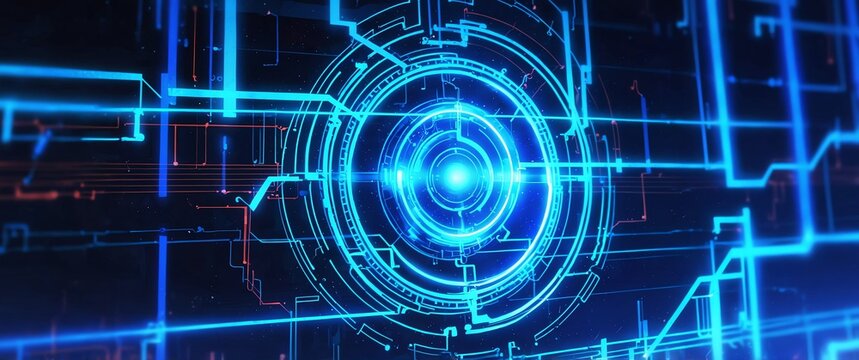 blue circuit neon light connections theme abstract background with copy space for banner