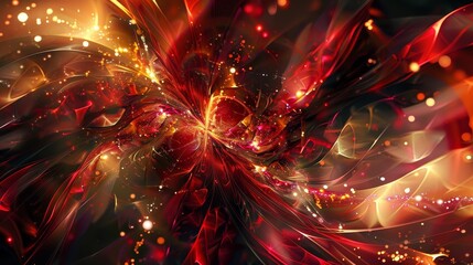 Luxurious ruby and gold crystals intricate reflections shimmering particles and warm light