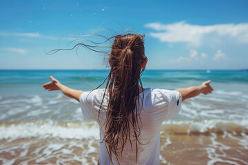 Beautiful slim woman on the beach in summer fashionable dress. Sea coast, bright sun, summer