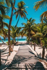 Obraz premium Walkway over blue sea water with tropical palm tree