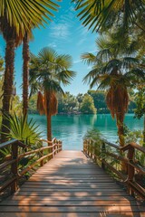 Obraz premium Walkway over blue sea water with tropical palm tree