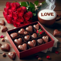 box of heart-shaped chocolates on a wooden table, a bouquet of red roses on top of the box of chocolates and next to a mug of hot chocolate with smoke coming out writing love
