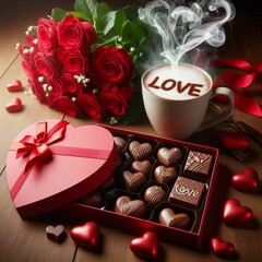 box of heart-shaped chocolates on a wooden table, a bouquet of red roses on top of the box of chocolates and next to a mug of hot chocolate with smoke coming out writing love