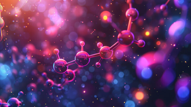 Colorful molecular structures, glowing neon, dark background, high detail, digital art.