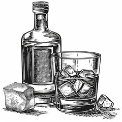 Retro hand-drawn illustration of Whiskey Bottle and Glass, Vintage engraved icon design, Isolated on white background