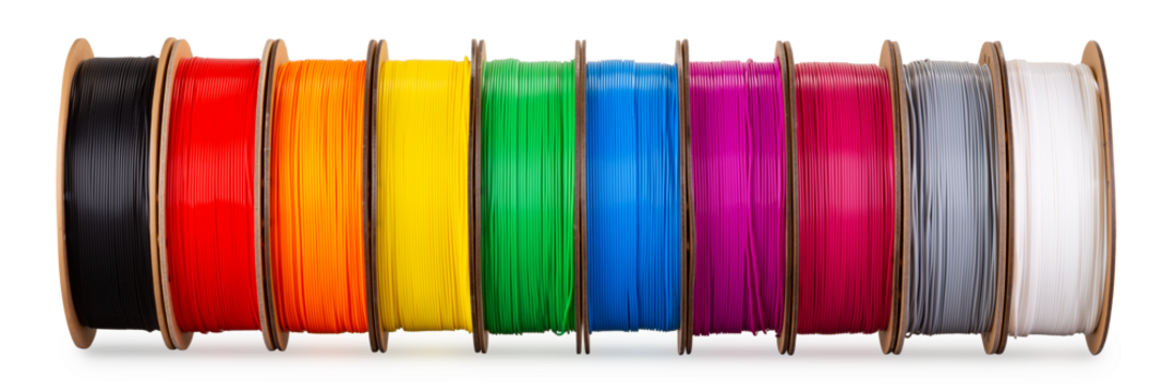row of colorful  3d printing filament PLA material on environmentally friendly and recyclable paper cardboard spools isolated white background. modern FDM printer technology concept