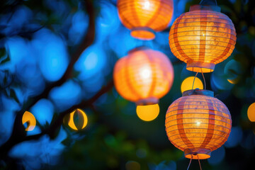 Obraz premium Lanterns glowing at sunset for the mid-autumn festival, creating a magical atmosphere of togetherness and family reunions under the full moon