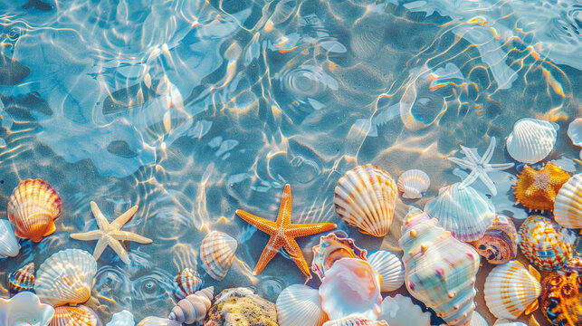 Starfish and sea shells in sea water on the beach. Summer. Relax