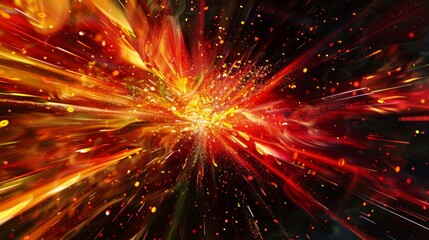 Bright red and yellow fire patterns with glowing particles background