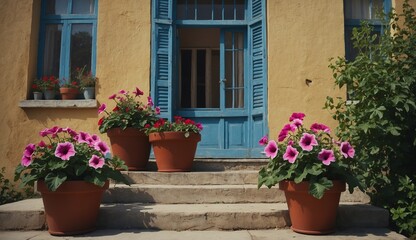 Fototapeta premium Colorful flowers in pots near blue window and steps