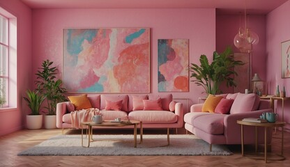 Chic living room with pink decor and abstract artwork.