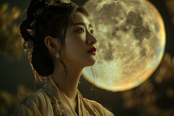 Beautiful chinese woman in traditional clothing is posing under a full moon during mid-autumn festival