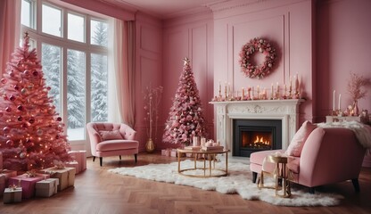 Fototapeta premium Pink-themed living room with two beautifully. decorated Christmas trees.