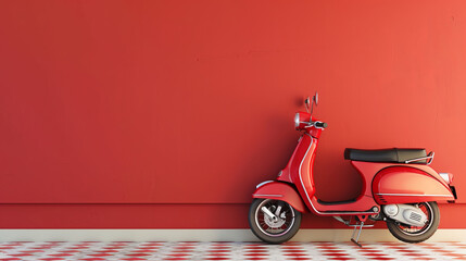 Fototapeta premium Red vintage scooter against red wall,