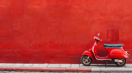 Fototapeta premium Red vintage scooter against red wall,