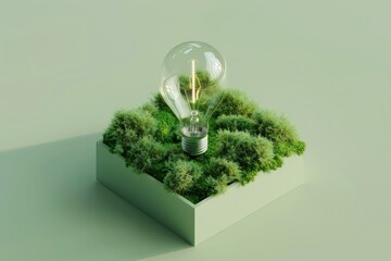 Light bulb illuminating green box with grass and interior light bulb in travelinspired concept