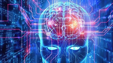 Obraz premium Futuristic Digital Brain with Neural Network Connections and Glowing Circuits