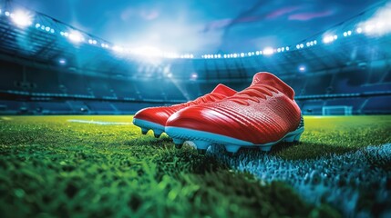 Professional soccer shoes cleats close-up on green grass with an outdoor stadium in the background. It's a great illustration for advertising or promotional materials.
