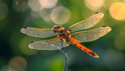 Dragonfly on a branch with bokeh background, close up